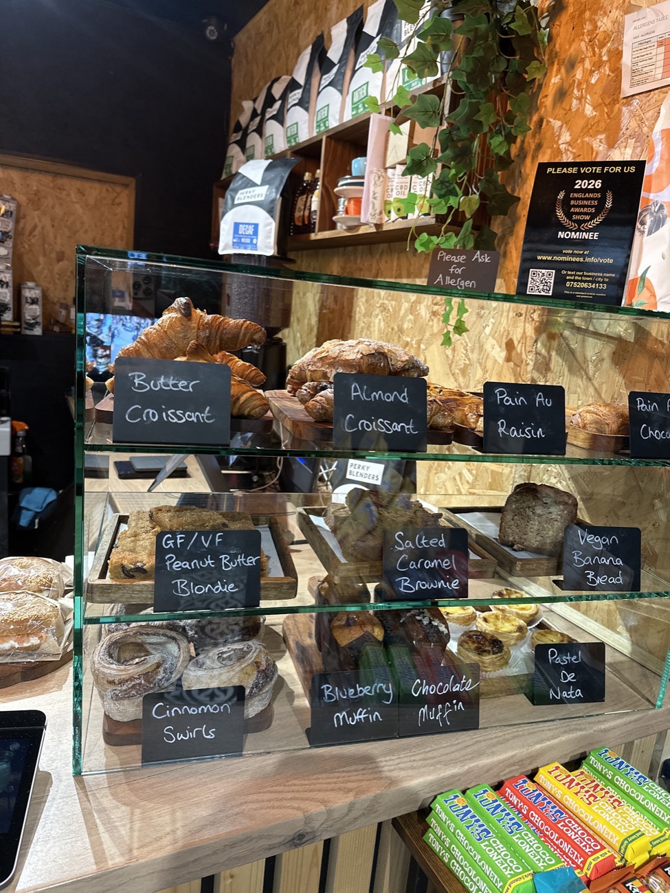 The pastry cabinet at Milk with croissants, pastel de nata, brownies and banana bread